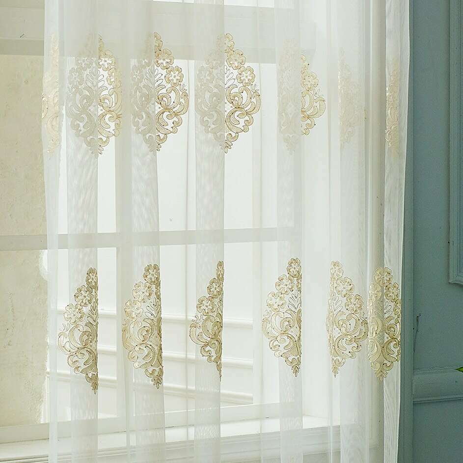 Rich Gold sheer fabric sewing store sheer curtain yardage swag highly embellished gold embroidery flowers trailing vines leaves beautiful lace