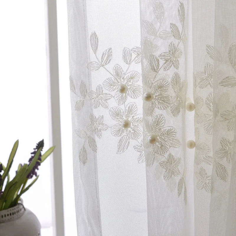 Brittany Floral Embroidery With Pearls Sheer Curtain,Sheer Curtains,Discover Curtains