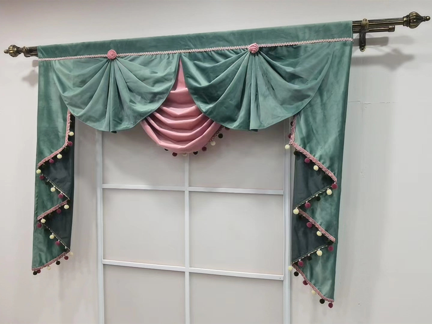 Rémy luxury fan style velvet valance - green and pink,Valance,Discover Curtains