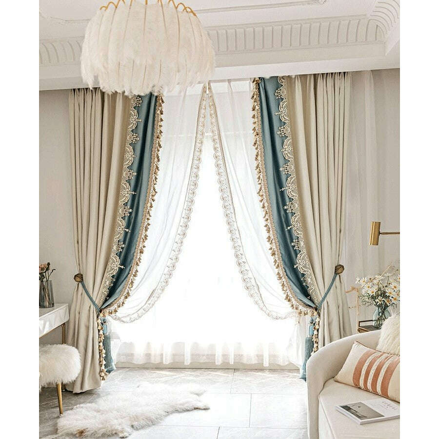 Annapolis French Luxury Designer Satin Curtain - Beige and Blue,Faux Silk Satin,Discover Curtains