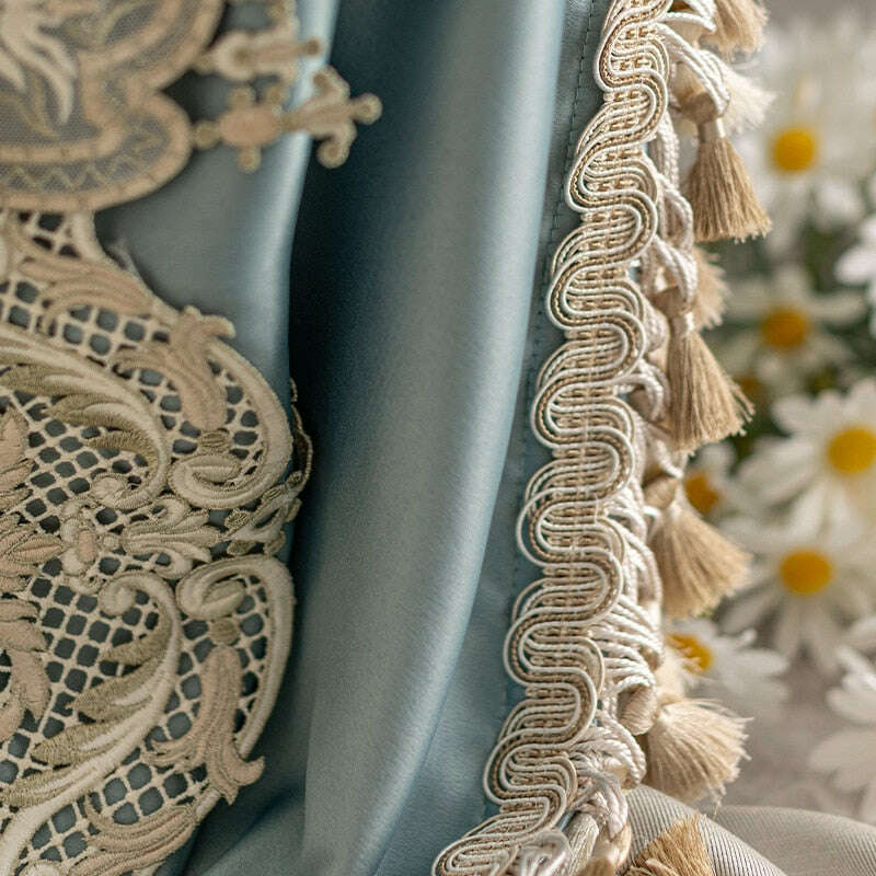 Annapolis French Luxury Designer Satin Curtain - Beige and Blue,Faux Silk Satin,Discover Curtains