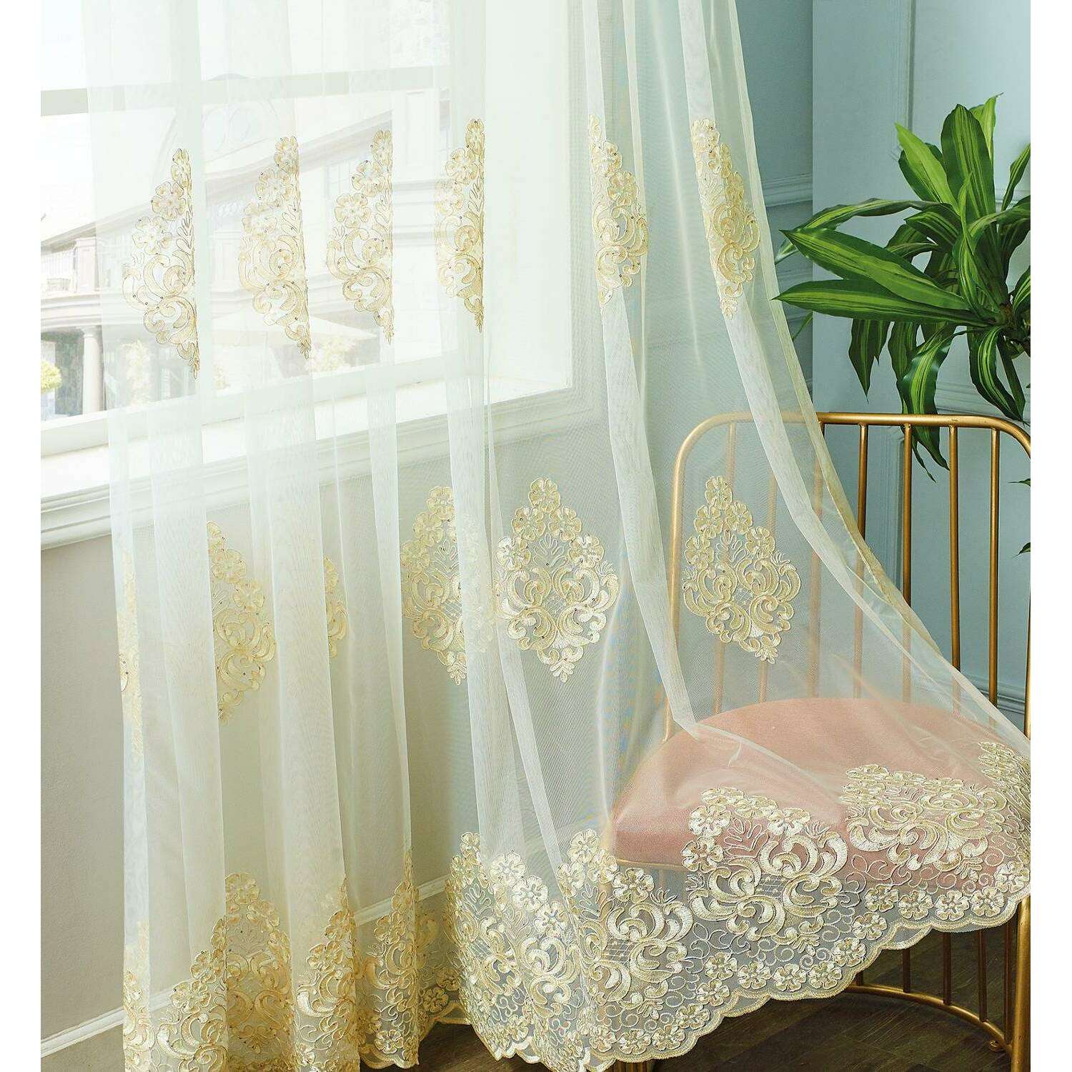 Rich Gold sheer fabric sewing sheer curtain yardage selling swag highly embellished gold embroidery flowers trailing vines leaves beautiful lace