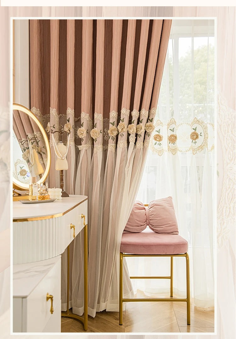 Mila Luxury Bottom Veil Style Sheer Over Blackout Curtain - Pink