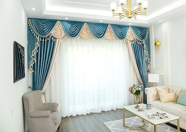 Mila Classic Velvet Valance With White Lace - Light Blue and White,Valance,Discover Curtains