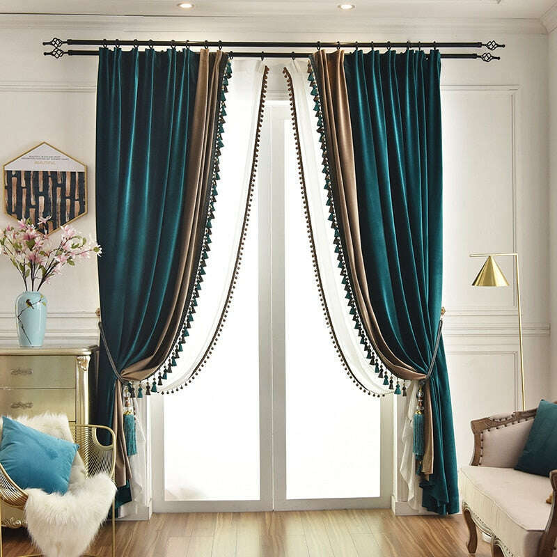 Ethan American Spliced Luxury Velvet Curtains: Peacock Green-Cedar Gray,Velvet Curtains,Discover Curtains