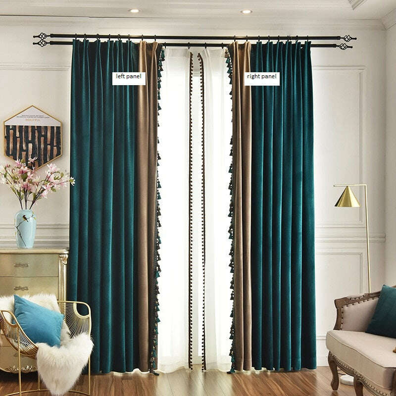 Ethan American Spliced Luxury Velvet Curtains: Peacock Green-Cedar Gray,Velvet Curtains,Discover Curtains