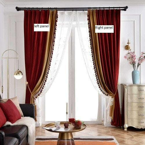 Ethan American Spliced Luxury Velvet Curtains: Red-Beige,Velvet Curtains,Discover Curtains