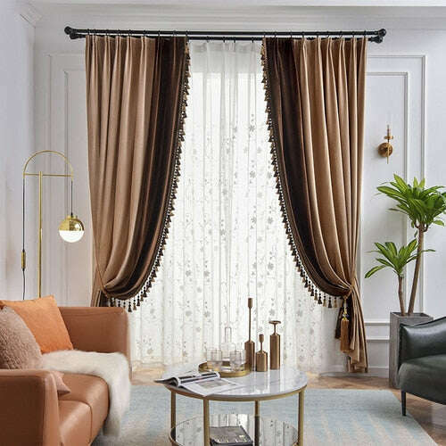 Ethan American Spliced Luxury Velvet Curtains: Taupe-Brown,Velvet Curtains,Discover Curtains