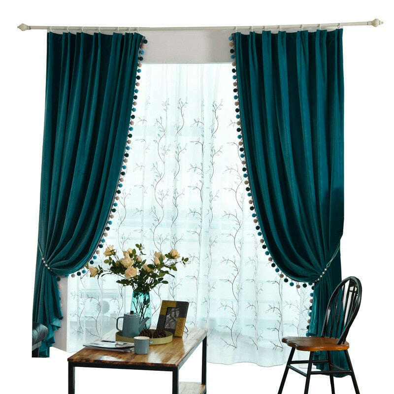 Ethan Luxury Plush Velvet Curtain with Pompom Lace - Teal,Velvet Curtains,Discover Curtains