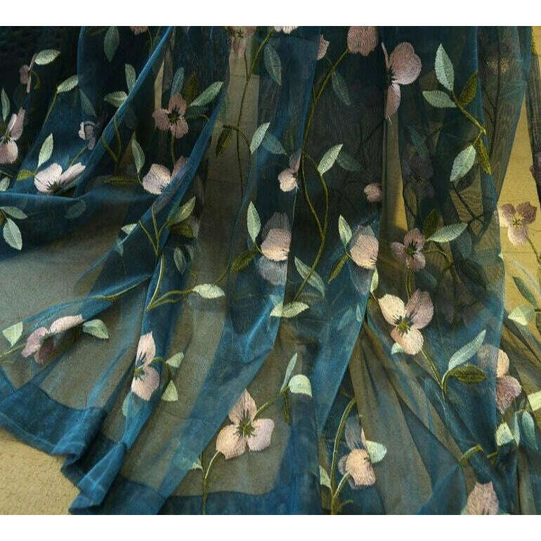 Jason Floral Embroidered Sheer Curtain - Red / Teal / White,Sheer Curtains,Discover Curtains