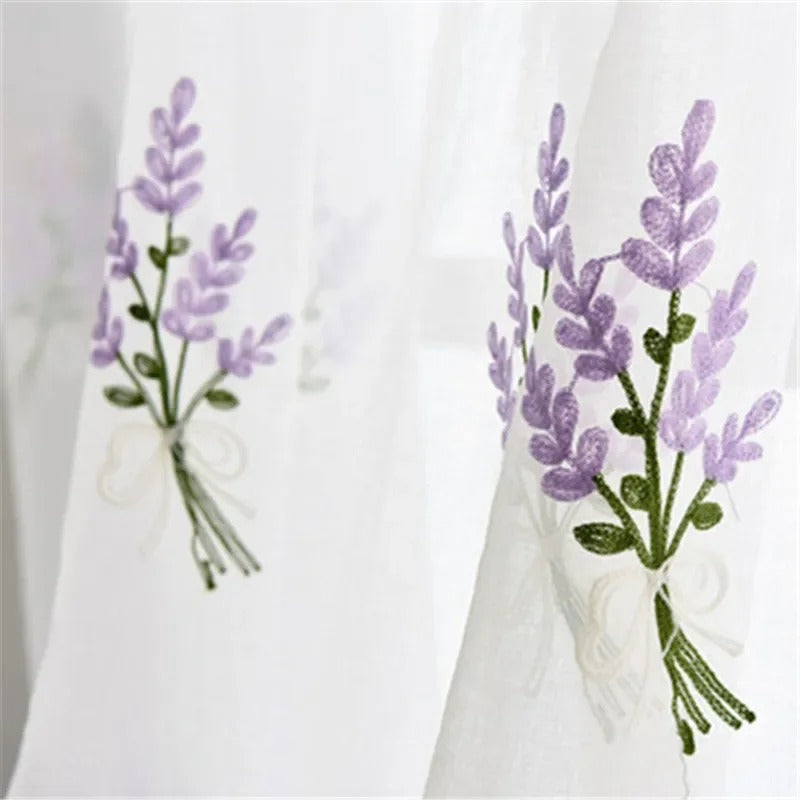 Mila Lavender Floral Embroidery Sheer Curtain - White / Purple