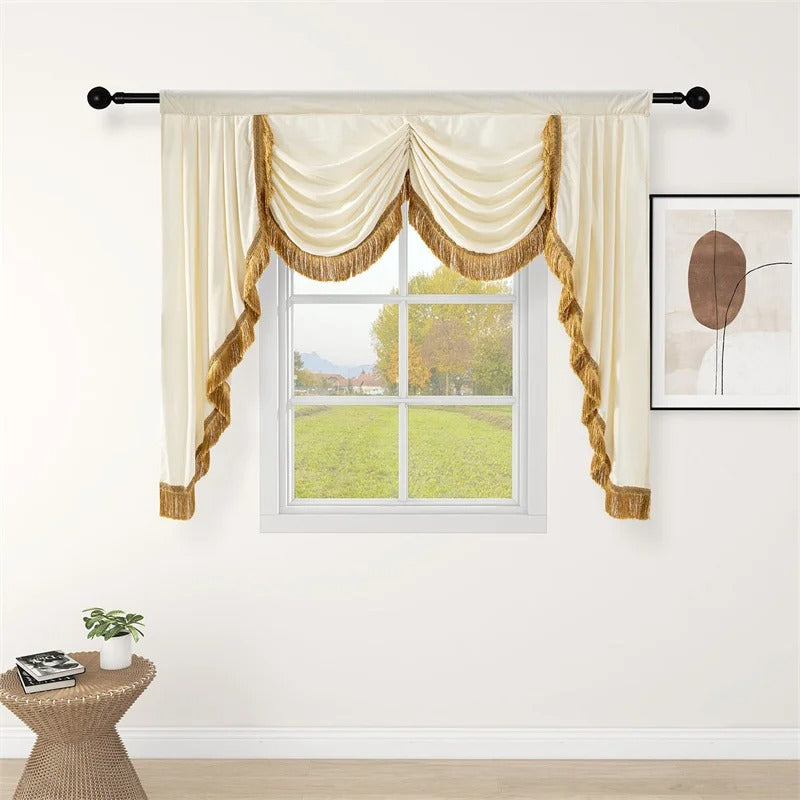 Mila Classic Plain Velvet  With Fringe Lace Valance - Beige,Valance,Discover Curtains