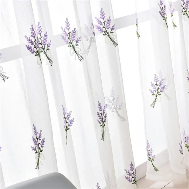 Mila Lavender Floral Embroidery Sheer Curtain - White / Purple