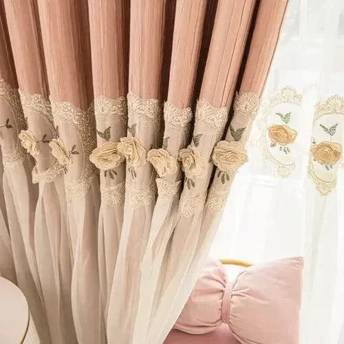 Mila Luxury Bottom Veil Style Sheer Over Blackout Curtain - Pink