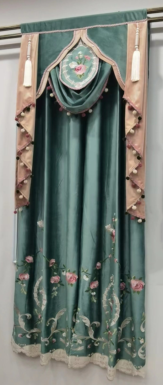 Green Antiquity Romantic Design Valance, Design with 2024 Embroidery and Decorative Fringe /sample fabric 034