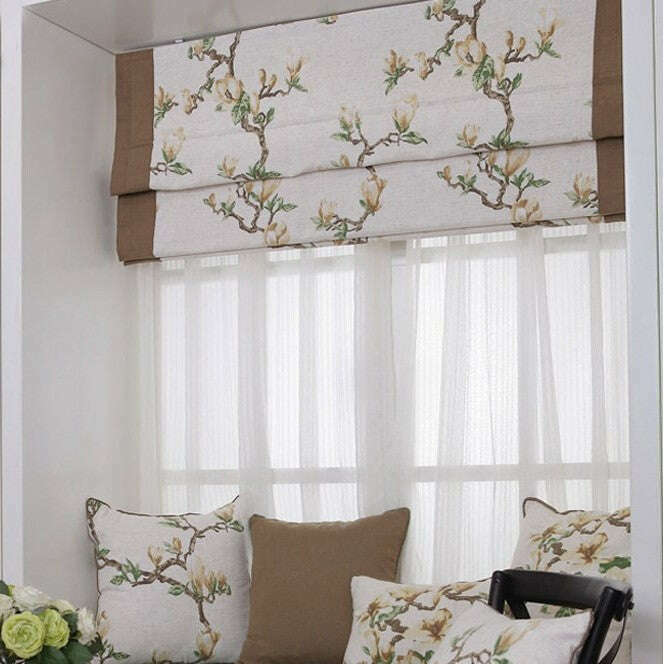 Napa Roman Blinds - White Floral Print Brown Trim,Linen Blinds,Discover Curtains