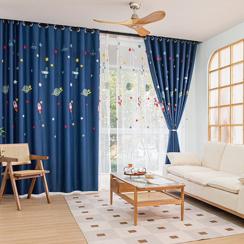 Rémy Cartoon Spaceship Blackout Curtains for Kids - Blue